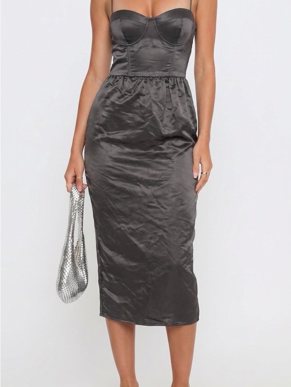 Future Collective Black Satin Midi Bubble Formal Strappy Bustier Dress- Large